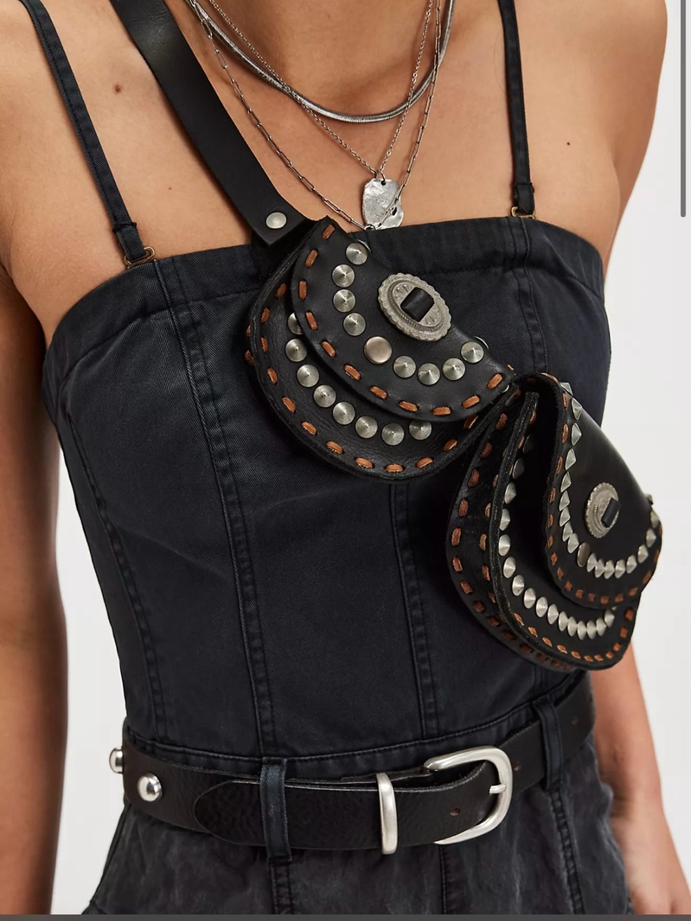 Free People Black Leather Double Pouch Crossbody Bag with Silver Studs